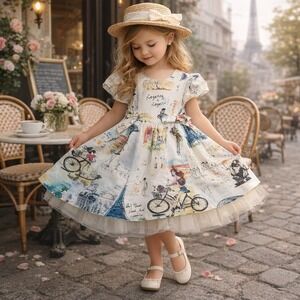 Little Loaves & Fishes Girls 5 Parisian Sketch Dress Eiffel Bicycle Tie Waist